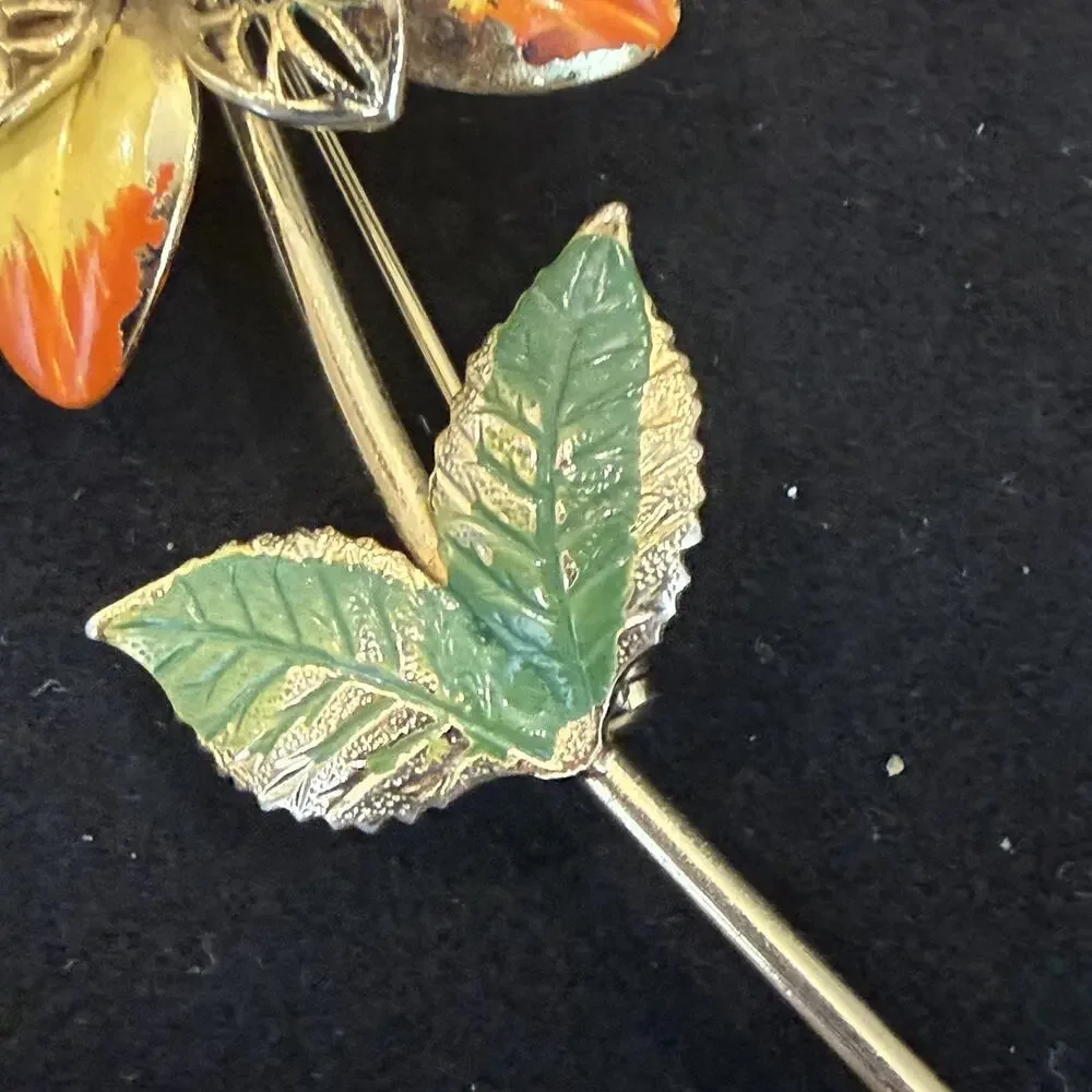 Vintage Enamel Metal Filigree Flower Brooch Yellow, Orange, Green Colors